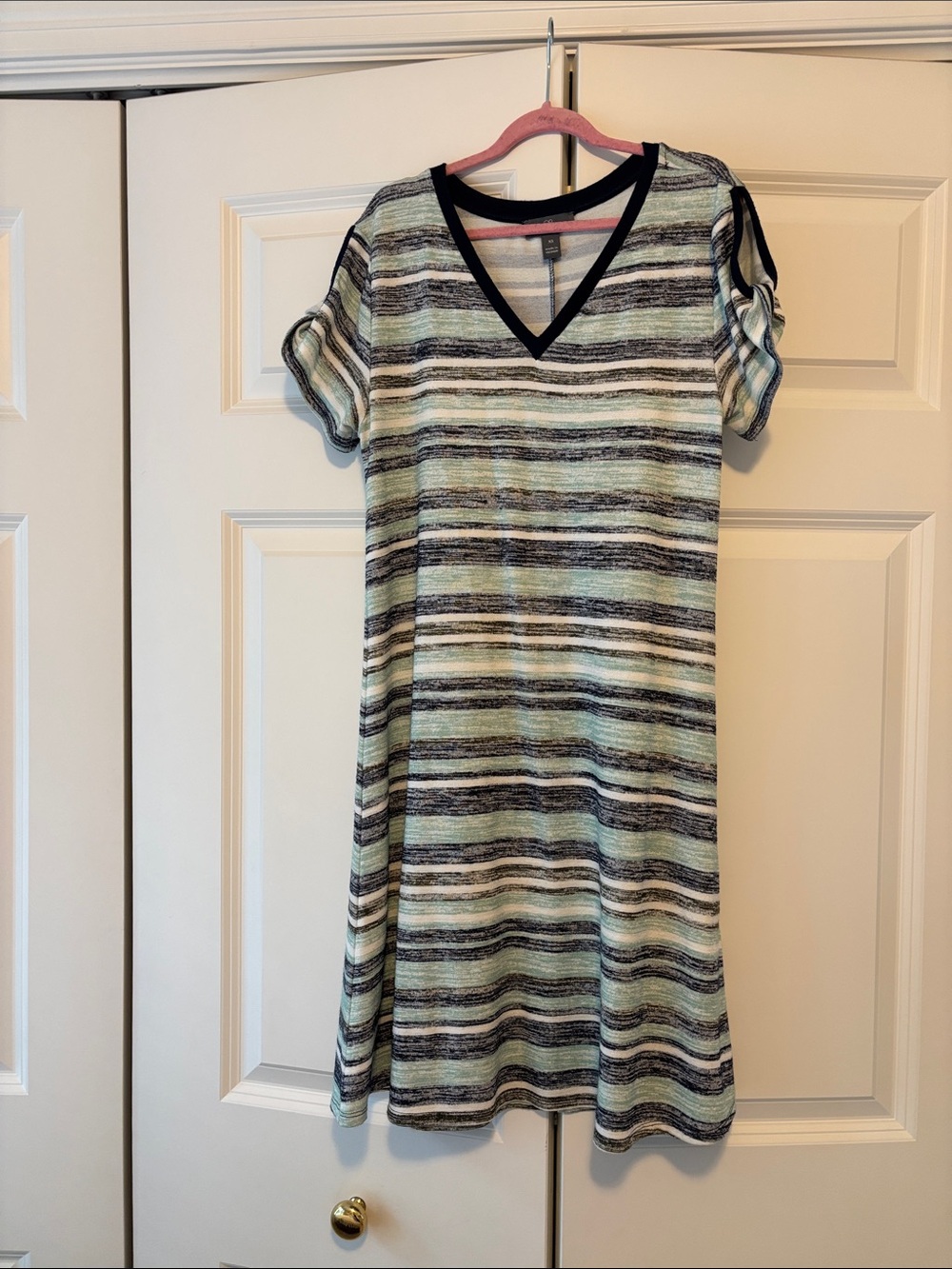 41 Hawthorn Striped V-Neck Midi Dress in Mint, Cream & Black Trim